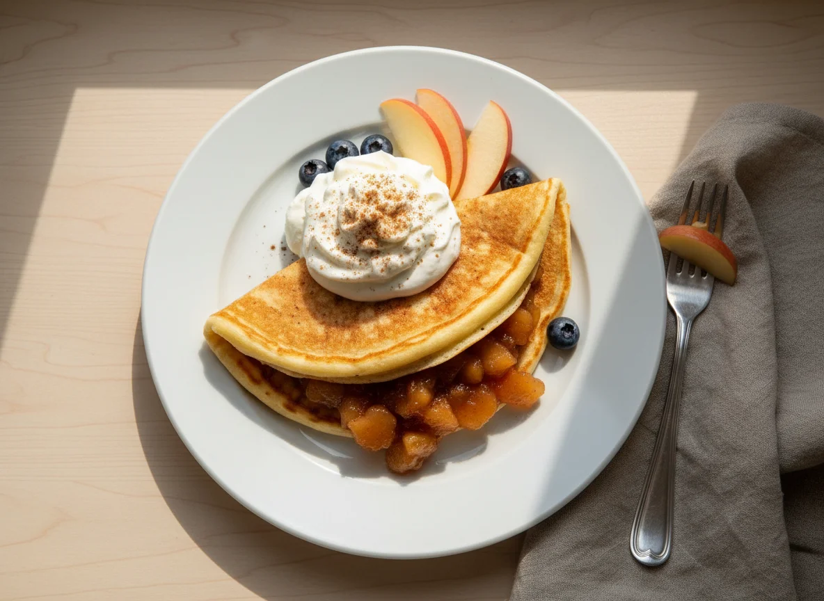 Pancake with fruit filling and whipped cream photo