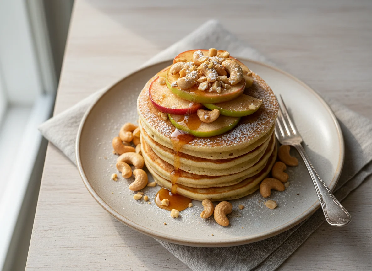 Pancakes with Apple Slices and Cashew Nuts photo