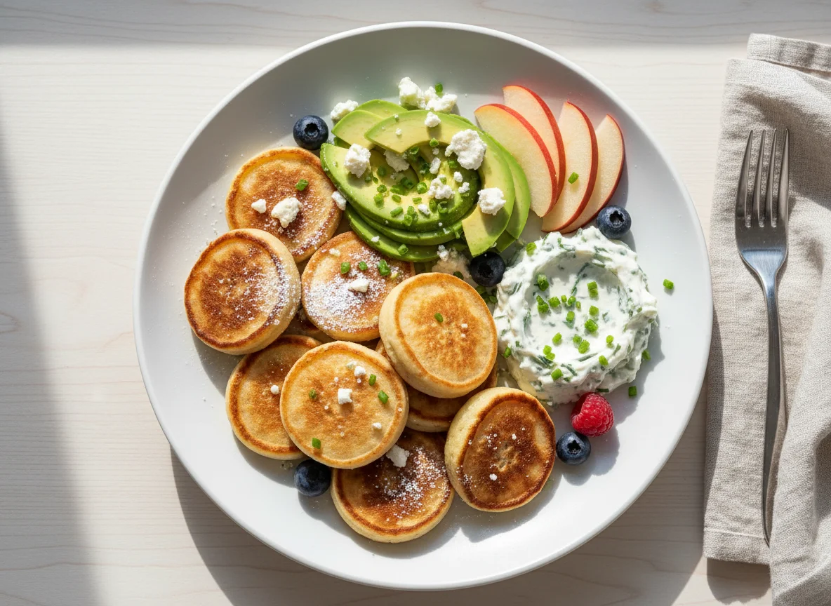 Pancakes with Avocado, Cheese and Fruit photo