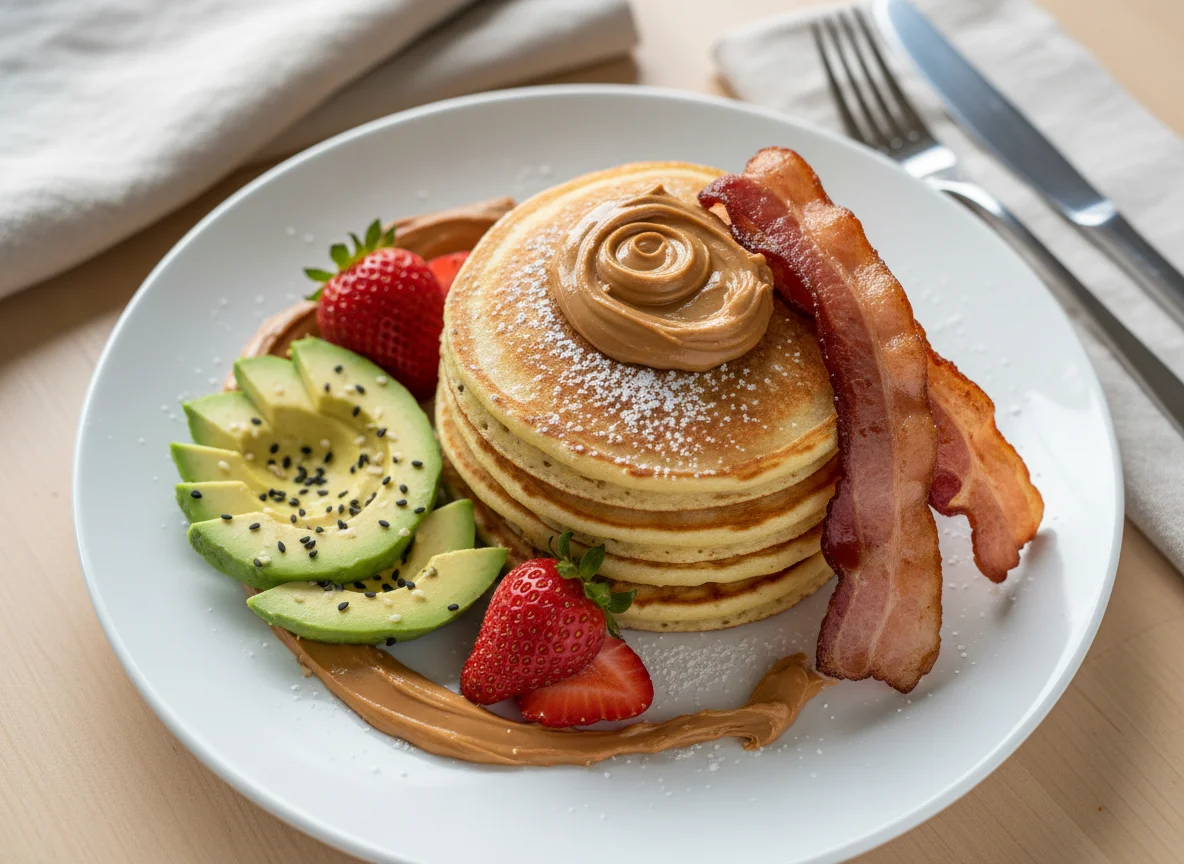 Pancakes with Bacon, Avocado, Strawberries and Peanut Butter photo