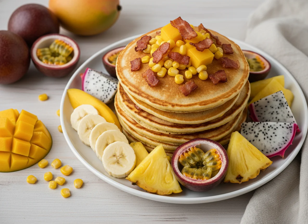 Pancakes with Bacon, Sweetcorn and Tropical Fruit photo