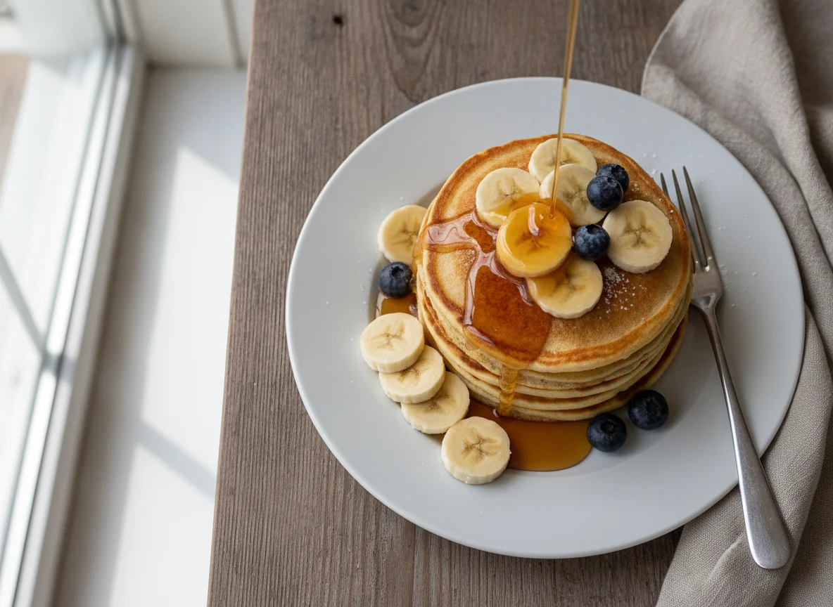 Pancakes with banana and syrup photo