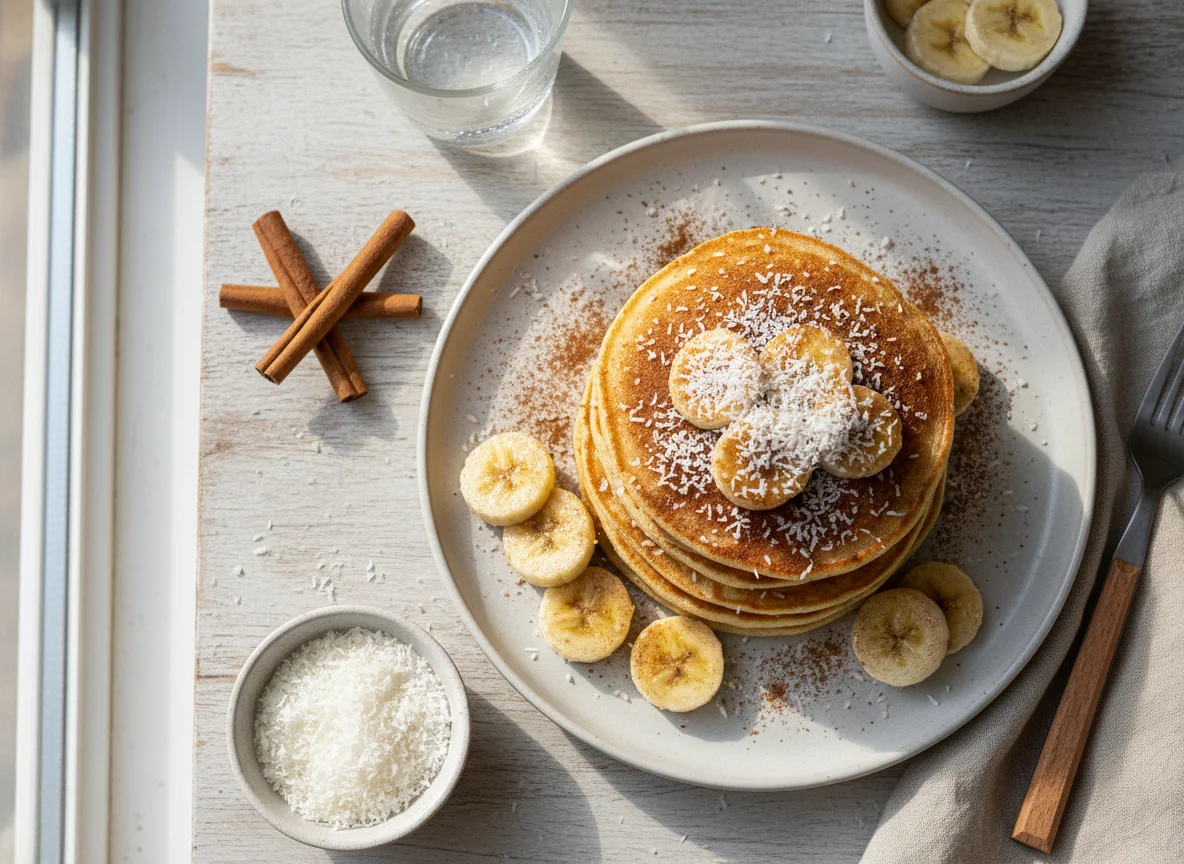 Pancakes with Banana, Cinnamon, and Shredded Coconut photo