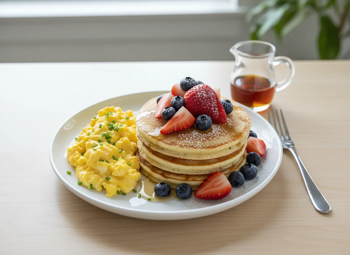 Pancakes with Berries and Scrambled Eggs photo