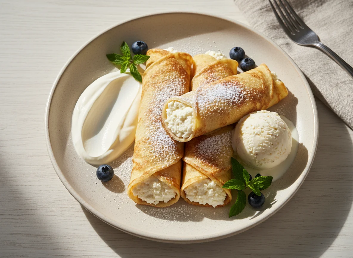 Pancakes with filling and cream photo