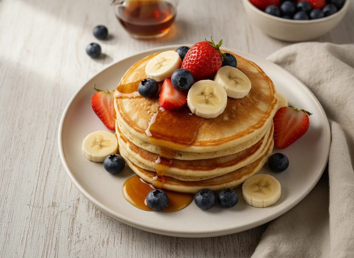 Pancakes with fresh fruit and syrup photo