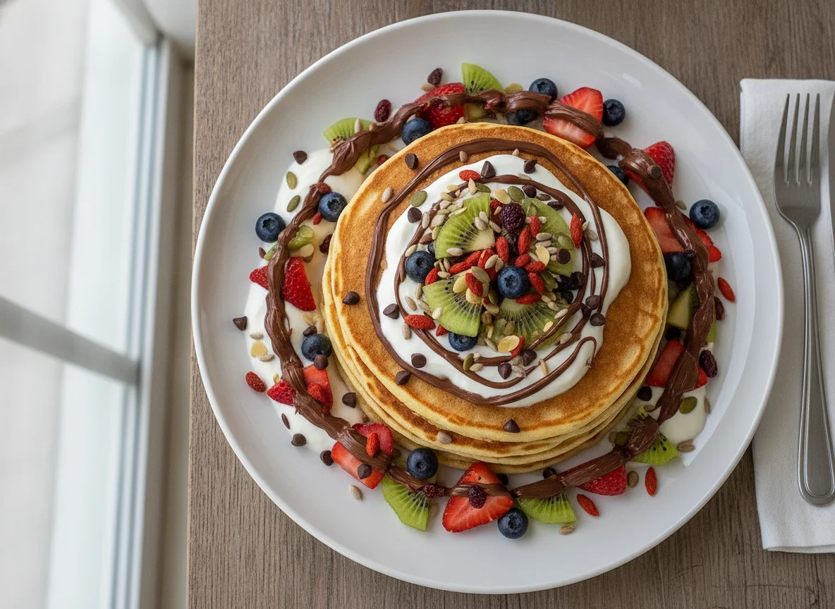 Pancakes with fresh fruit, yogurt and mixed toppings photo