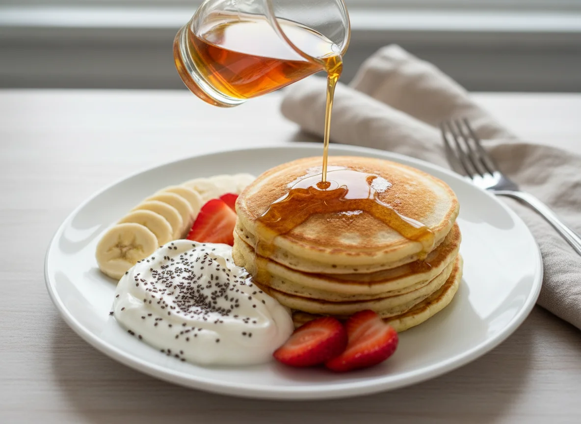 Pancakes with fruit and yogurt photo