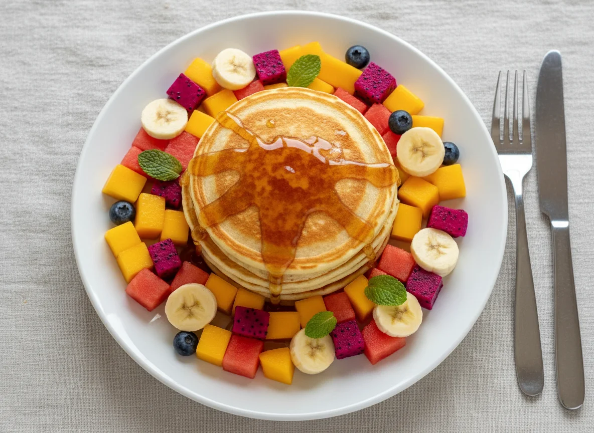Pancakes with Fruit Salad and Syrup photo