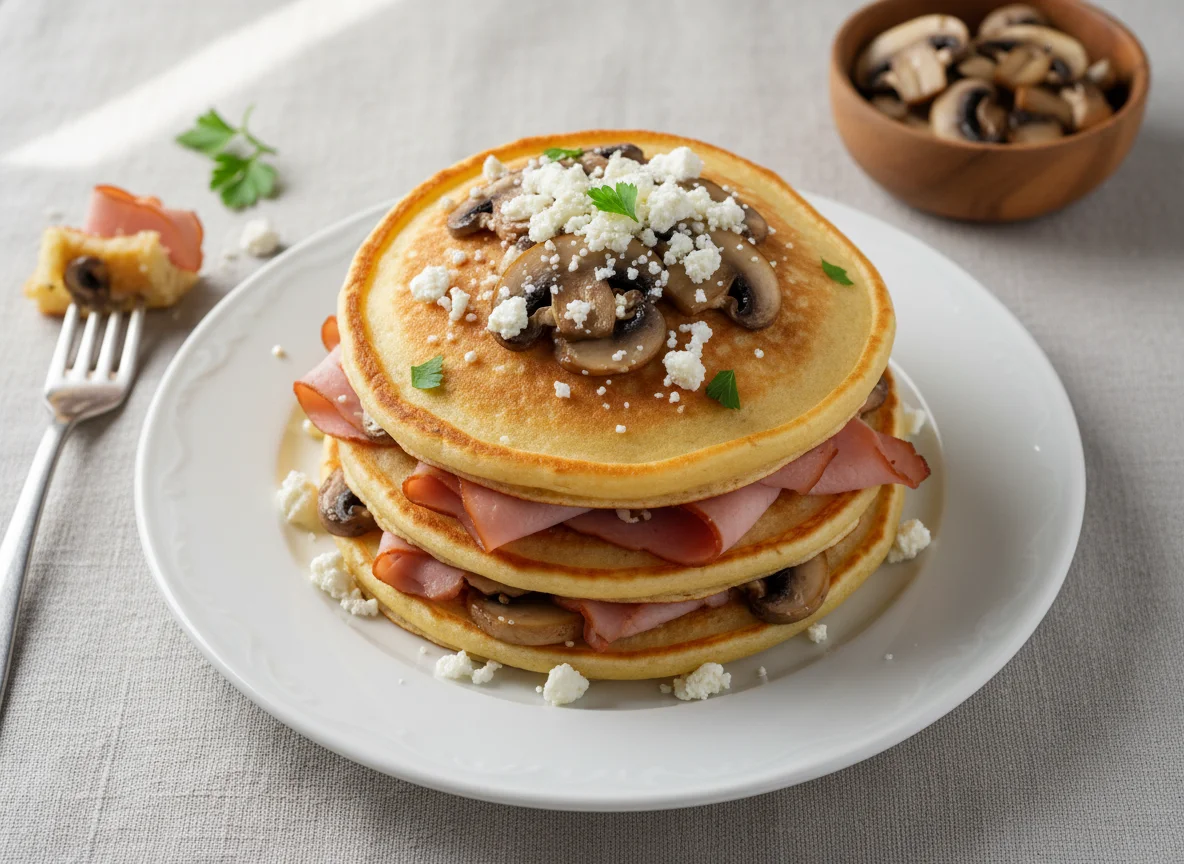 Pancakes with Ham, Mushrooms, and Cheese photo