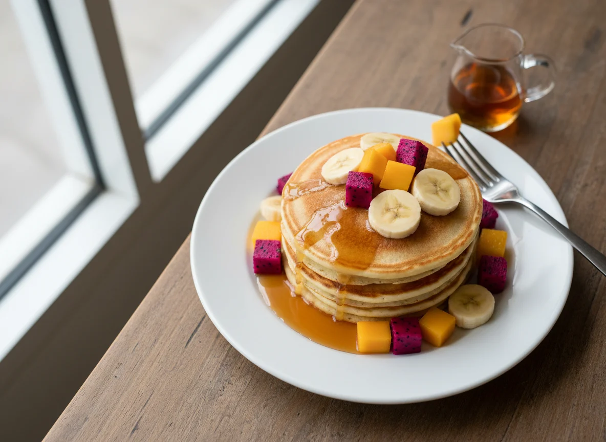 Pancakes with Mixed Fruit and Syrup photo
