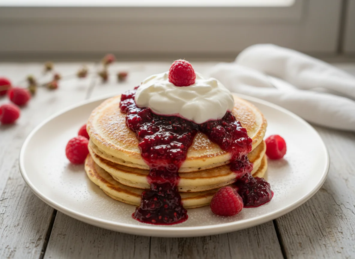 Pancakes with Raspberry Jam and Whipped Cream photo