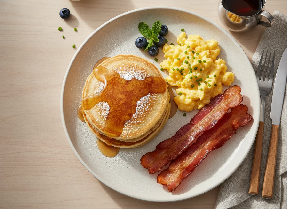 Pancakes with scrambled eggs and bacon photo
