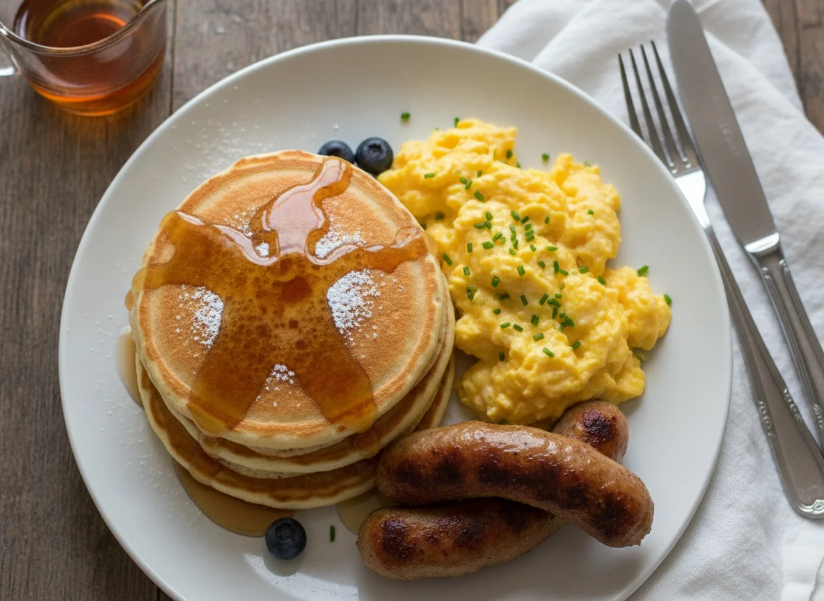 Pancakes with Scrambled Eggs and Chicken Sausage photo
