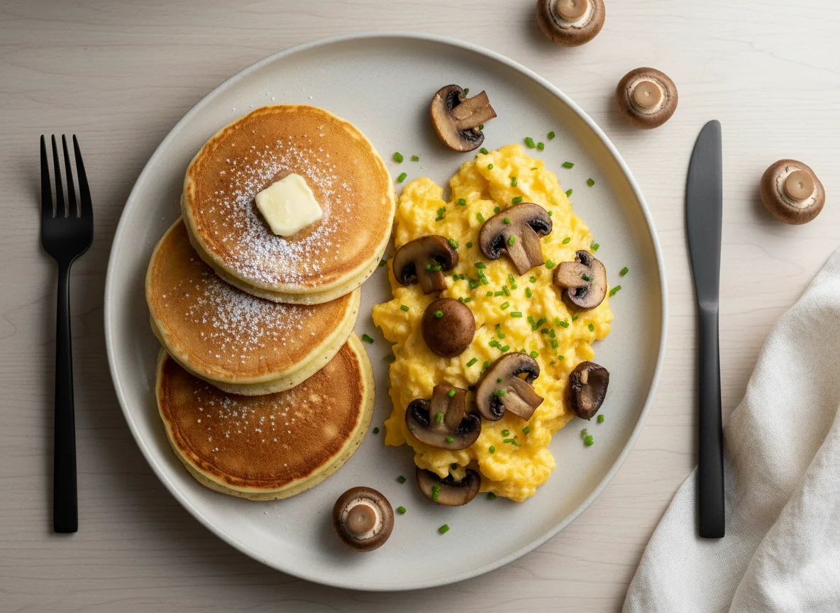 Pancakes with Scrambled Eggs and Mushrooms photo