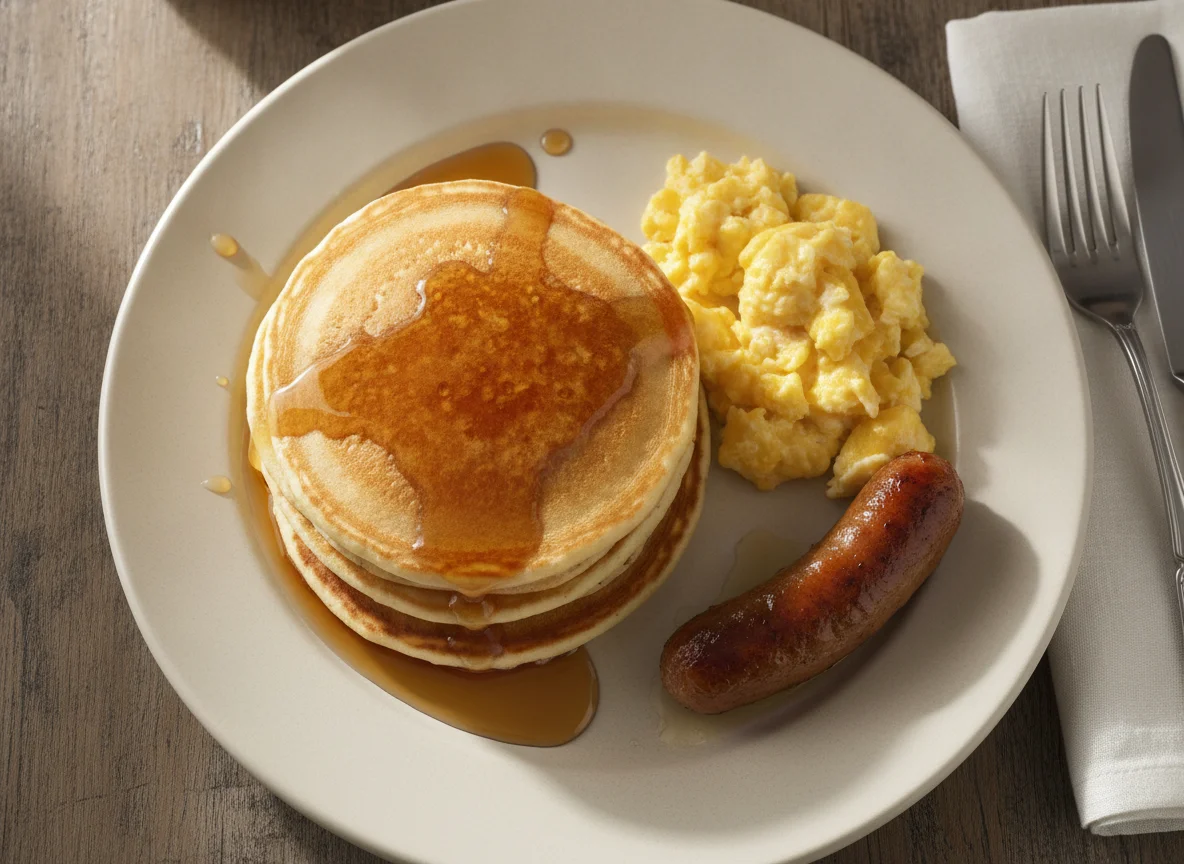 Pancakes with Scrambled Eggs and Sausage photo
