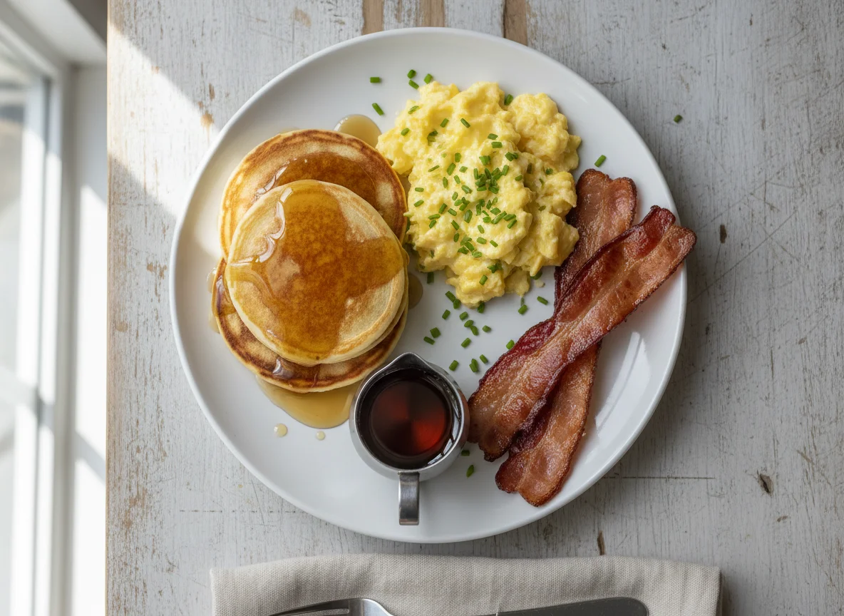 Pancakes with Scrambled Eggs, Bacon and Syrup photo