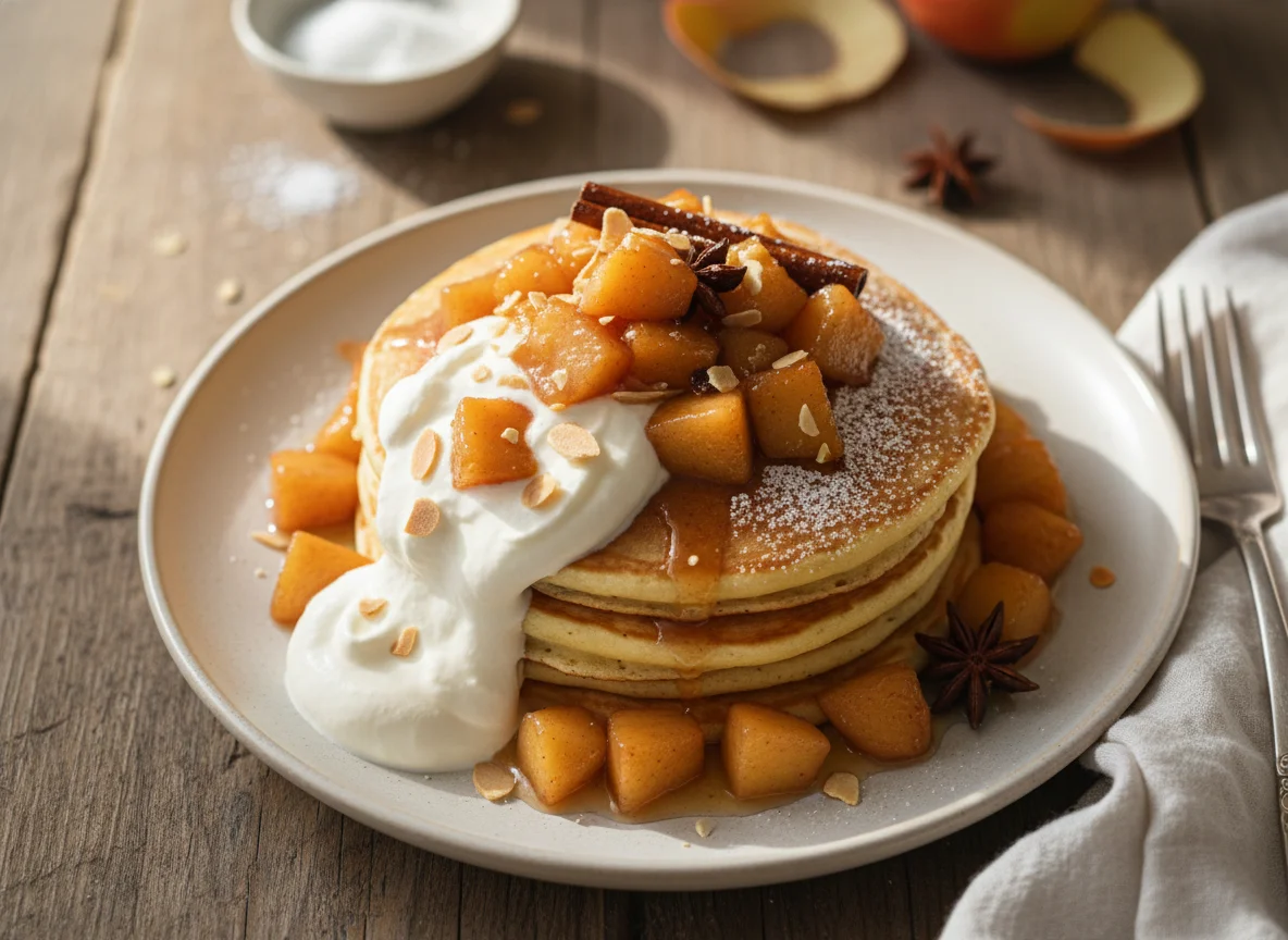 Pancakes with Stewed Apples and Cream photo