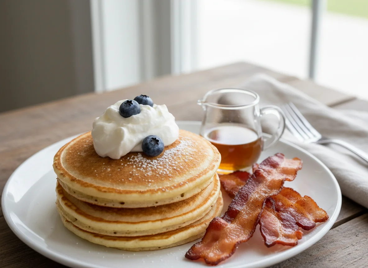 Pancakes with Whipped Cream and Bacon photo