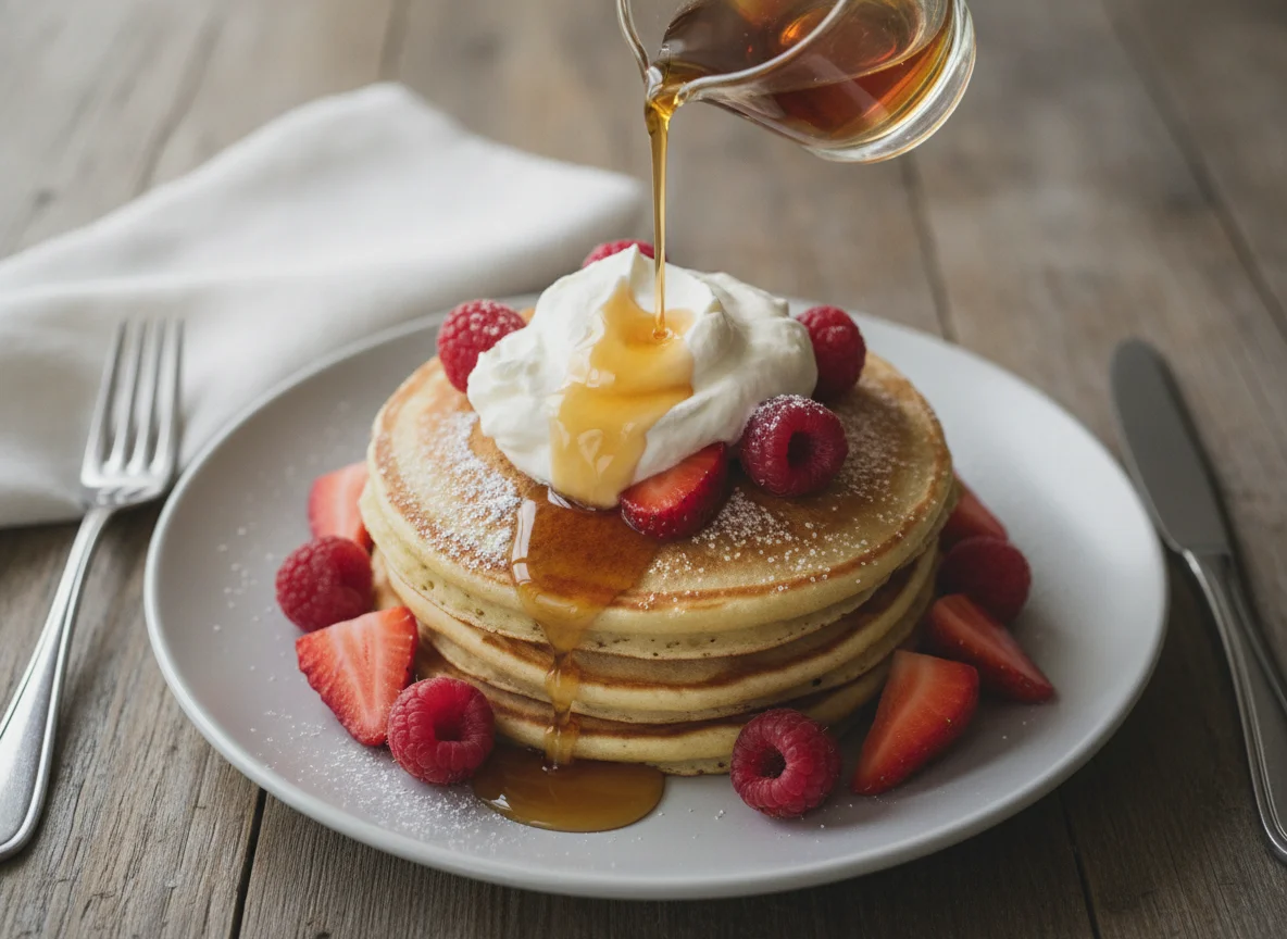 Pancakes with Whipped Cream and Berries photo
