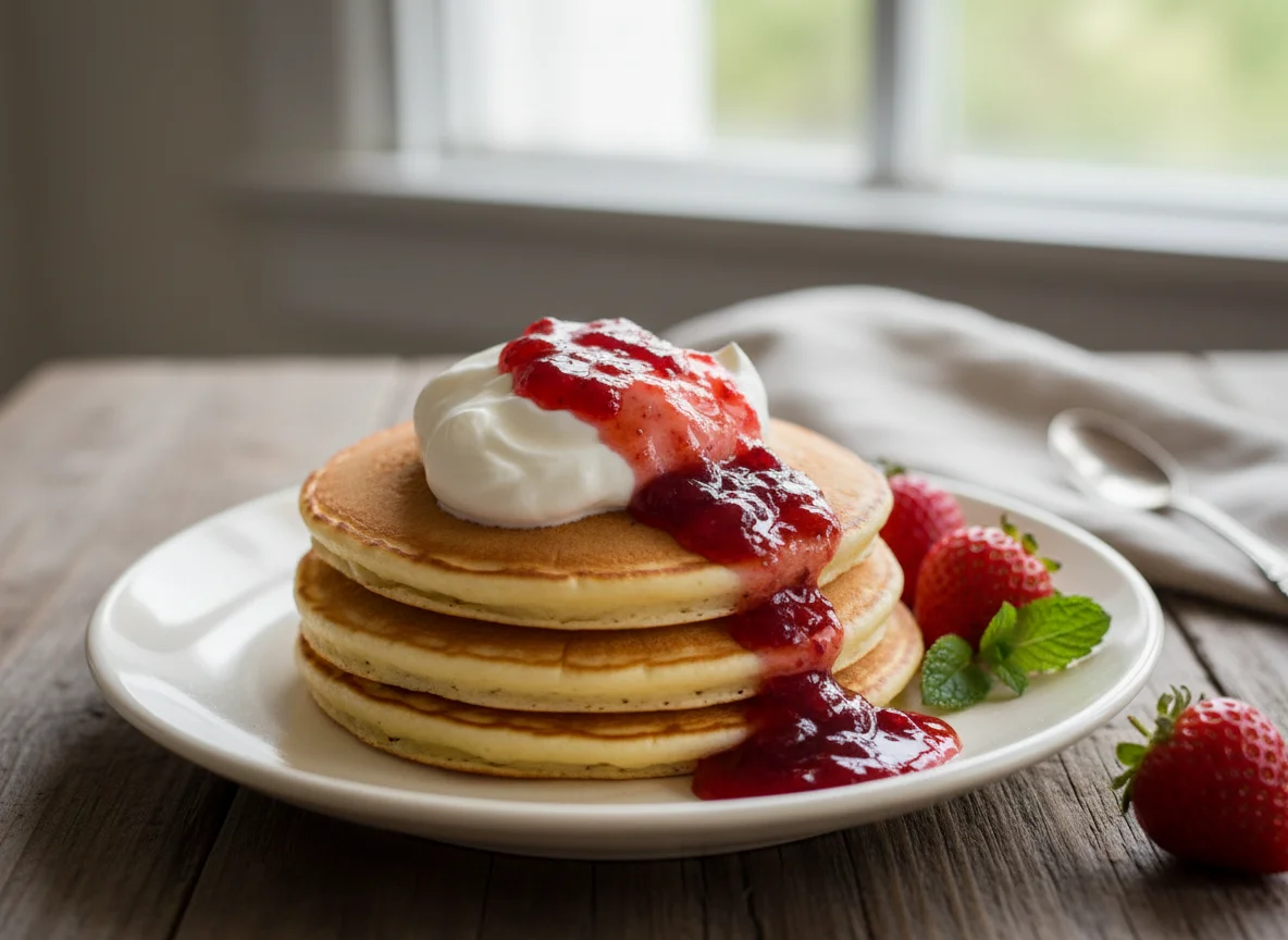 Pancakes with whipped cream and jam photo