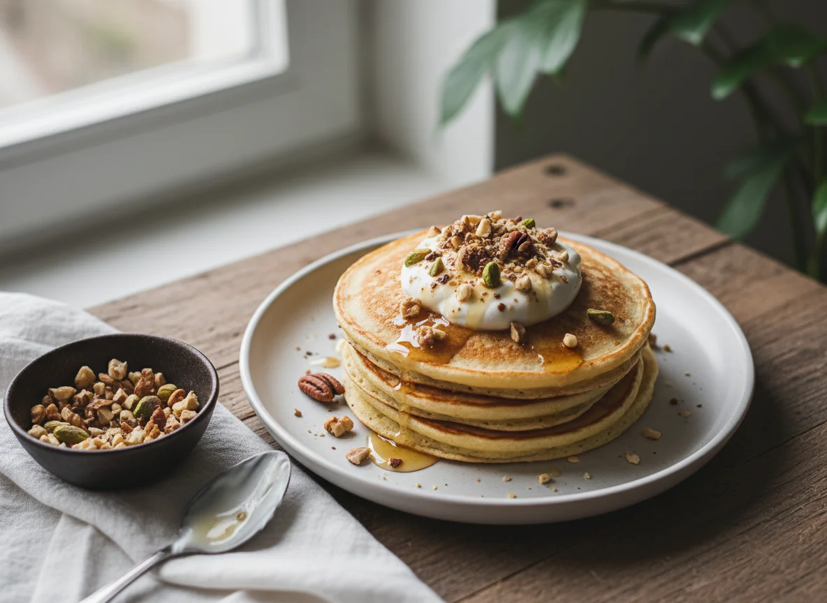 Pancakes with yogurt and nuts photo