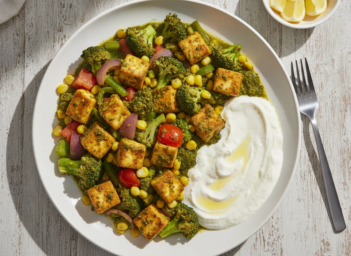 Paneer and Vegetable Stir-fry with Palak and Curd photo