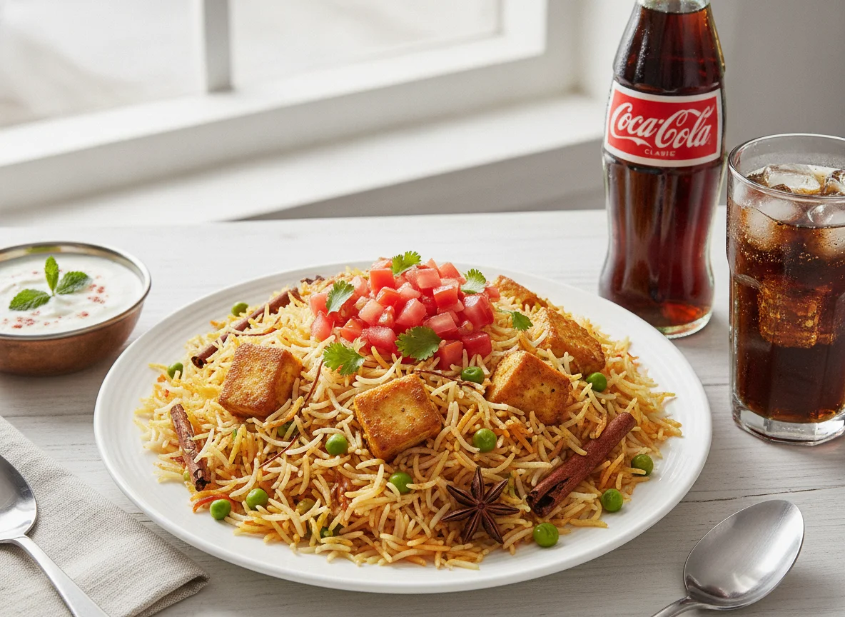 Paneer Biryani with Tomato Garnish, Yogurt Sauce, and Coca-Cola photo