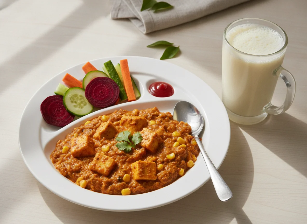 Paneer Corn Curry with Salad and Lassi photo