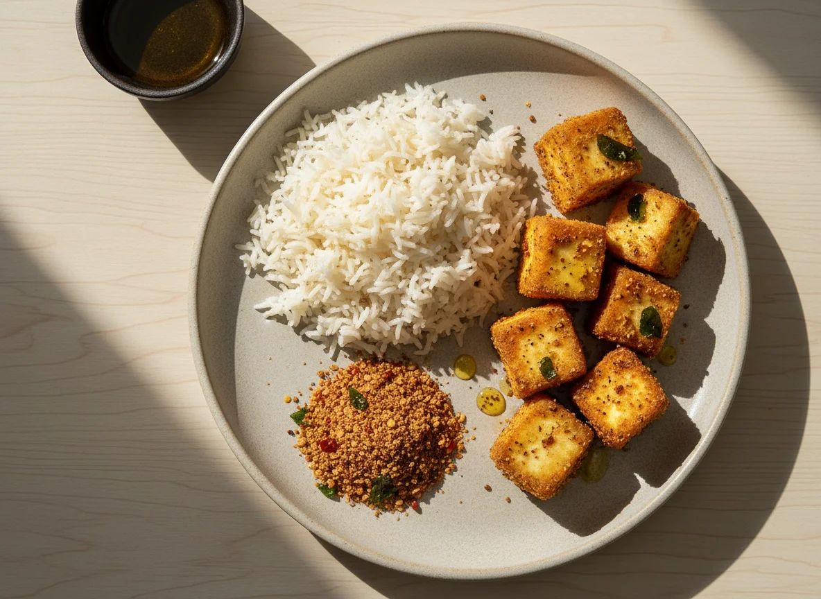 Paneer Fry with Rice and Chutney Powder photo