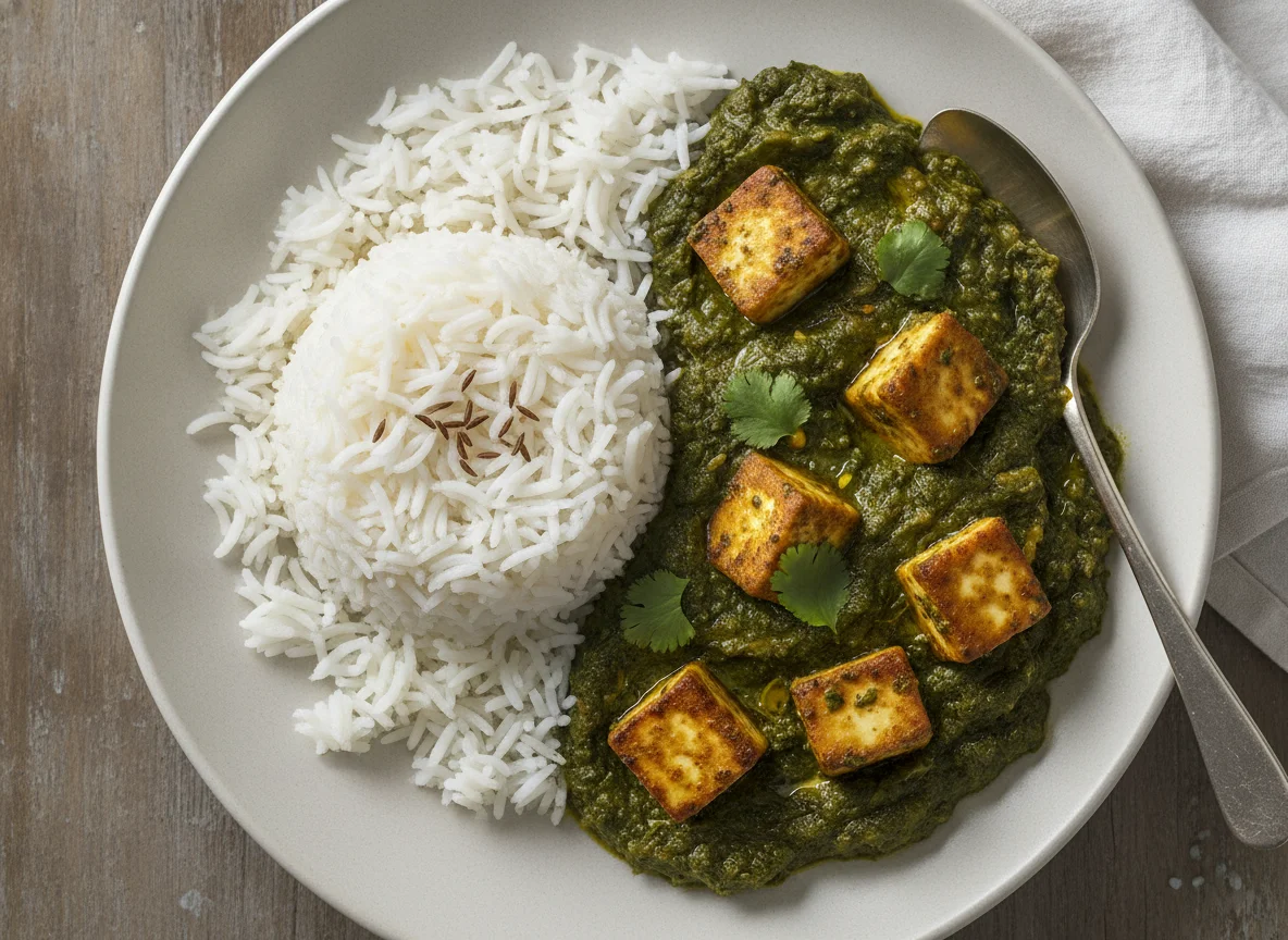 Paneer Saag with White Rice photo