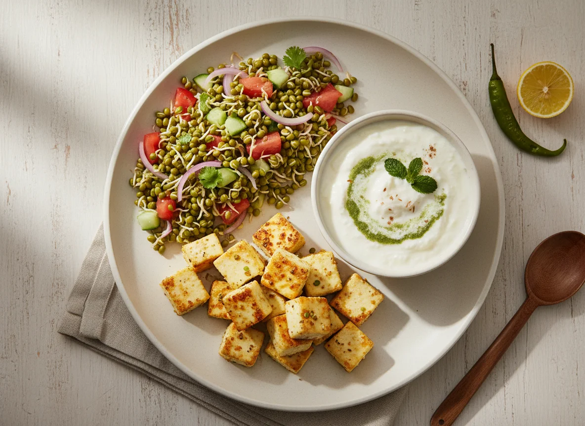 Paneer, Sprout Salad and Curd photo
