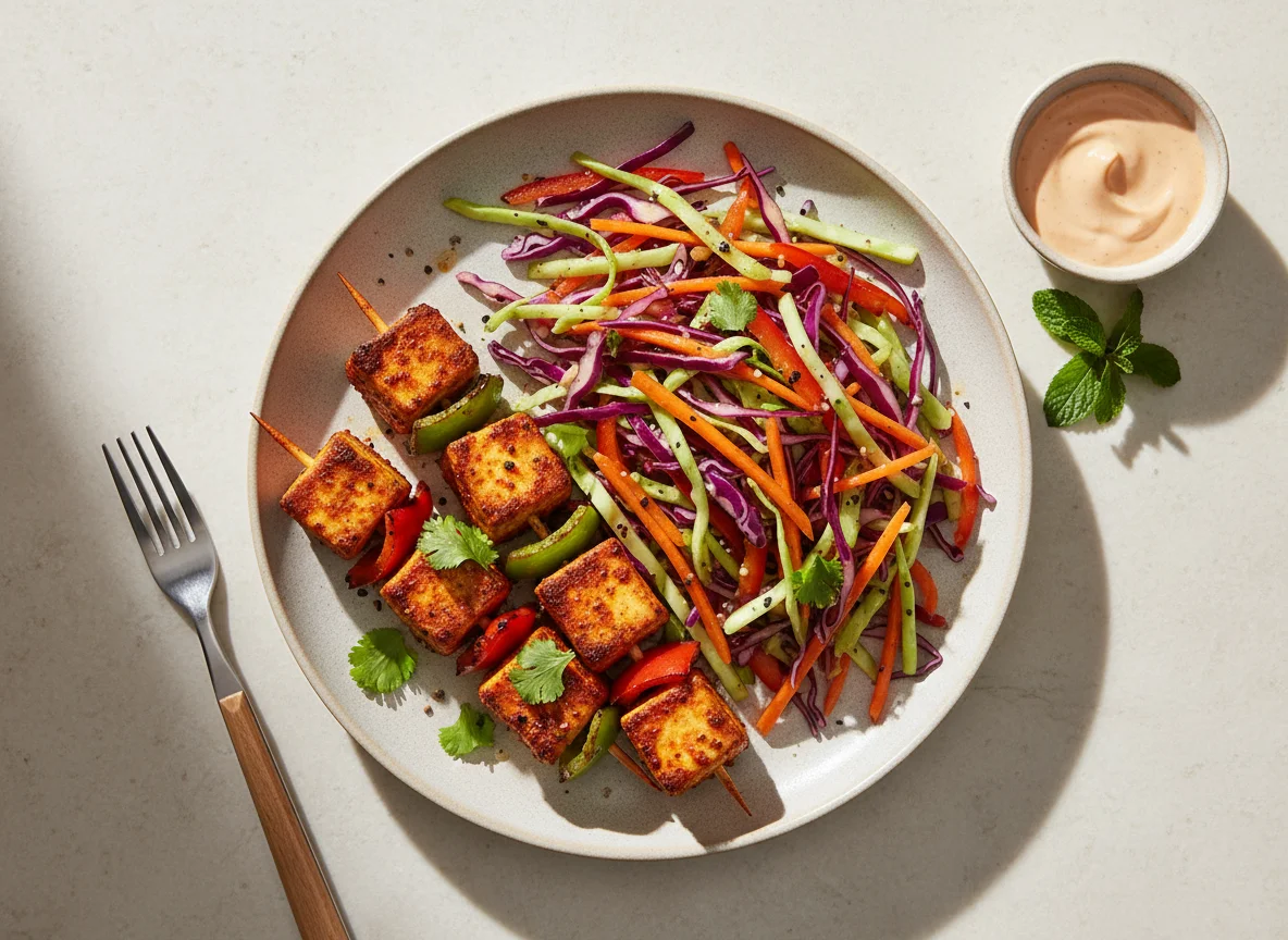 Paneer Tikka with Cabbage and Carrot Salad photo