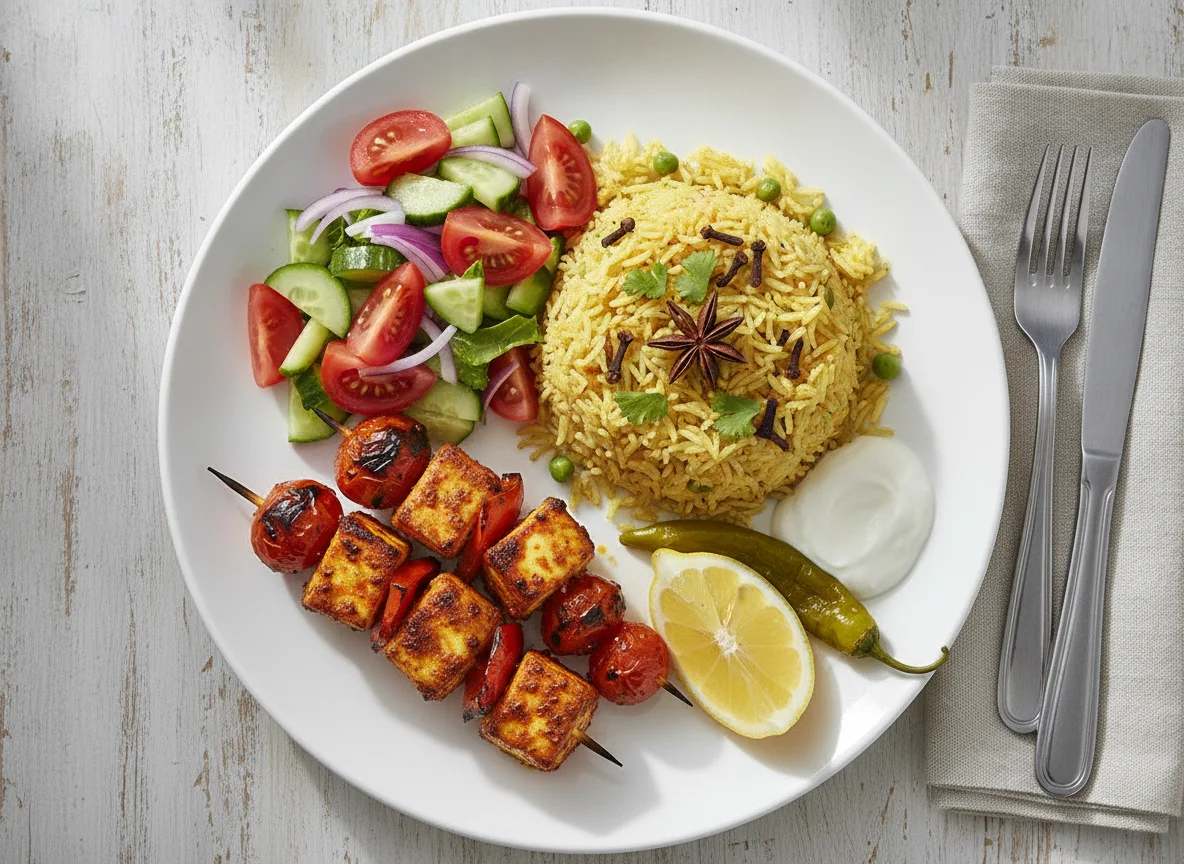 Paneer Tikka with Pilau Rice and Salad photo