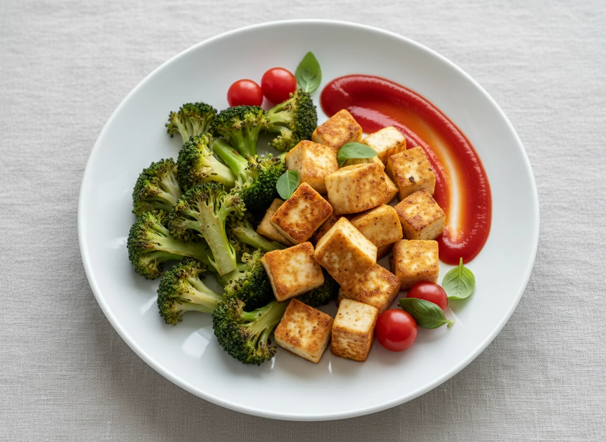 Paneer with Broccoli and Ketchup photo