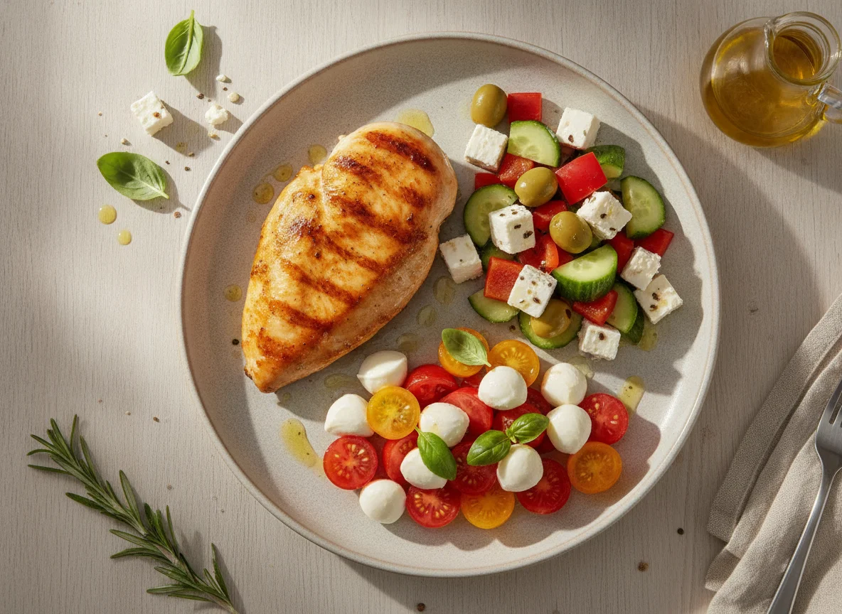 Pan-fried chicken breast with Greek salad and tomato mozzarella salad photo