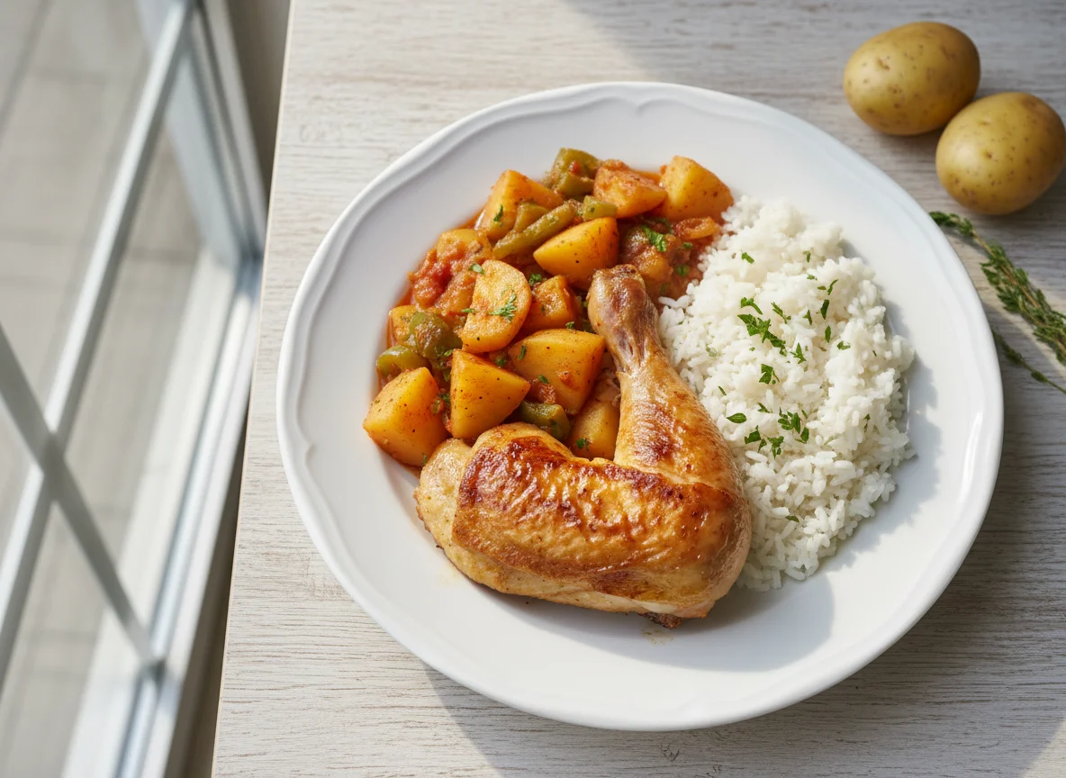 Pan-fried chicken leg with potato stew and rice photo