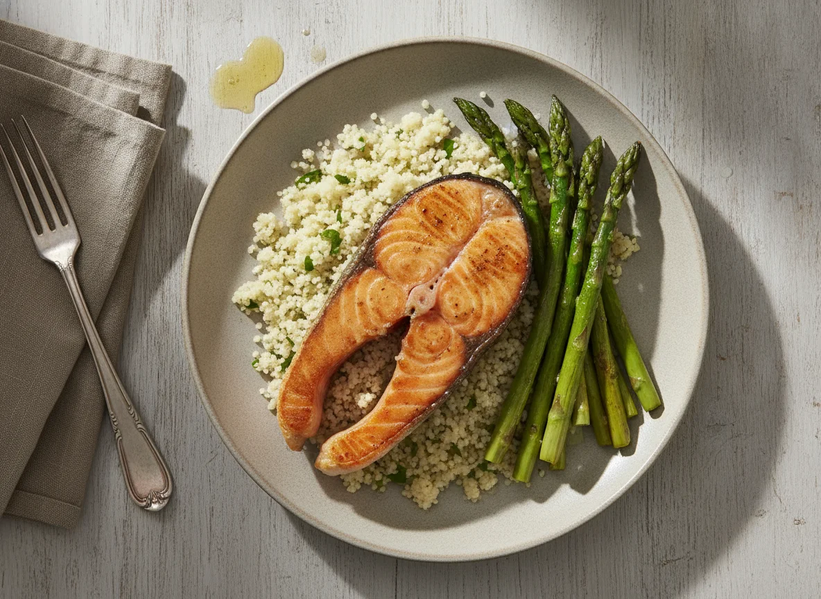 Pan-fried fish steak with couscous and asparagus photo