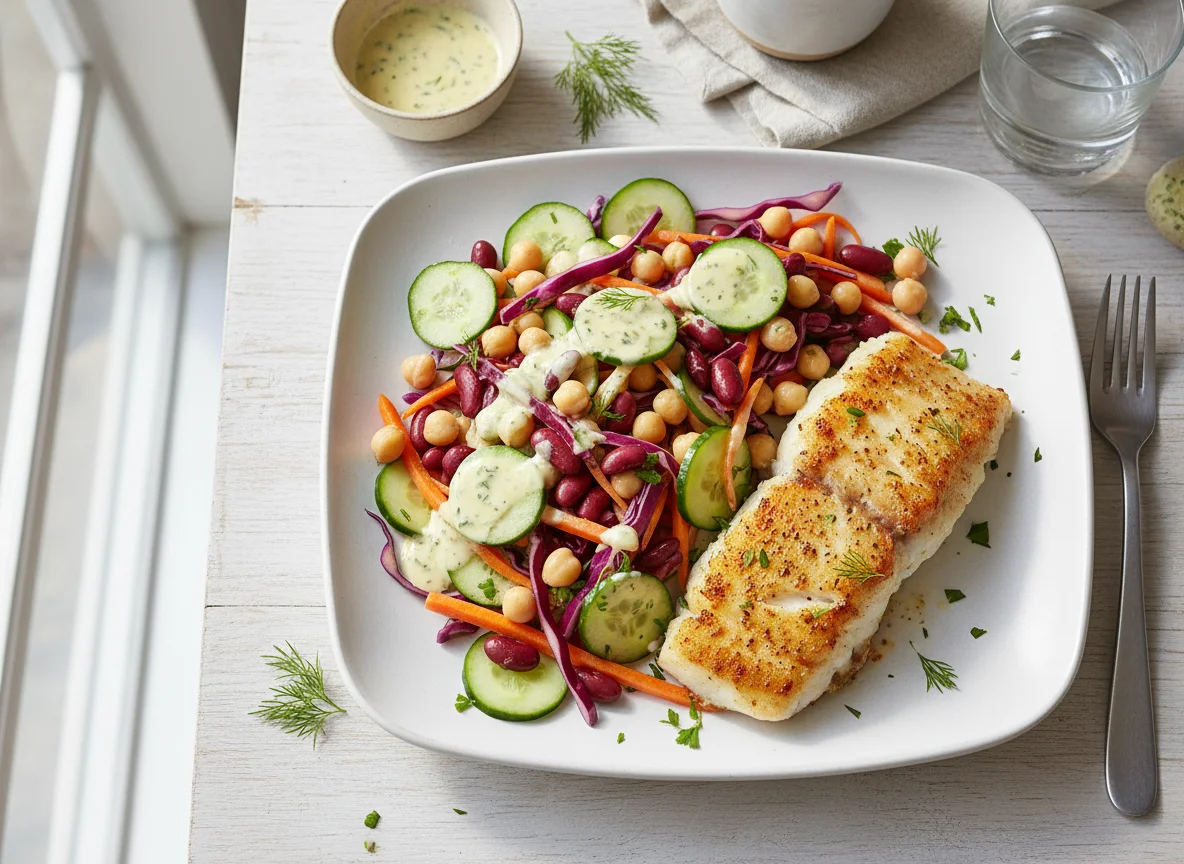 Pan-fried Fish with Bean and Vegetable Salad photo