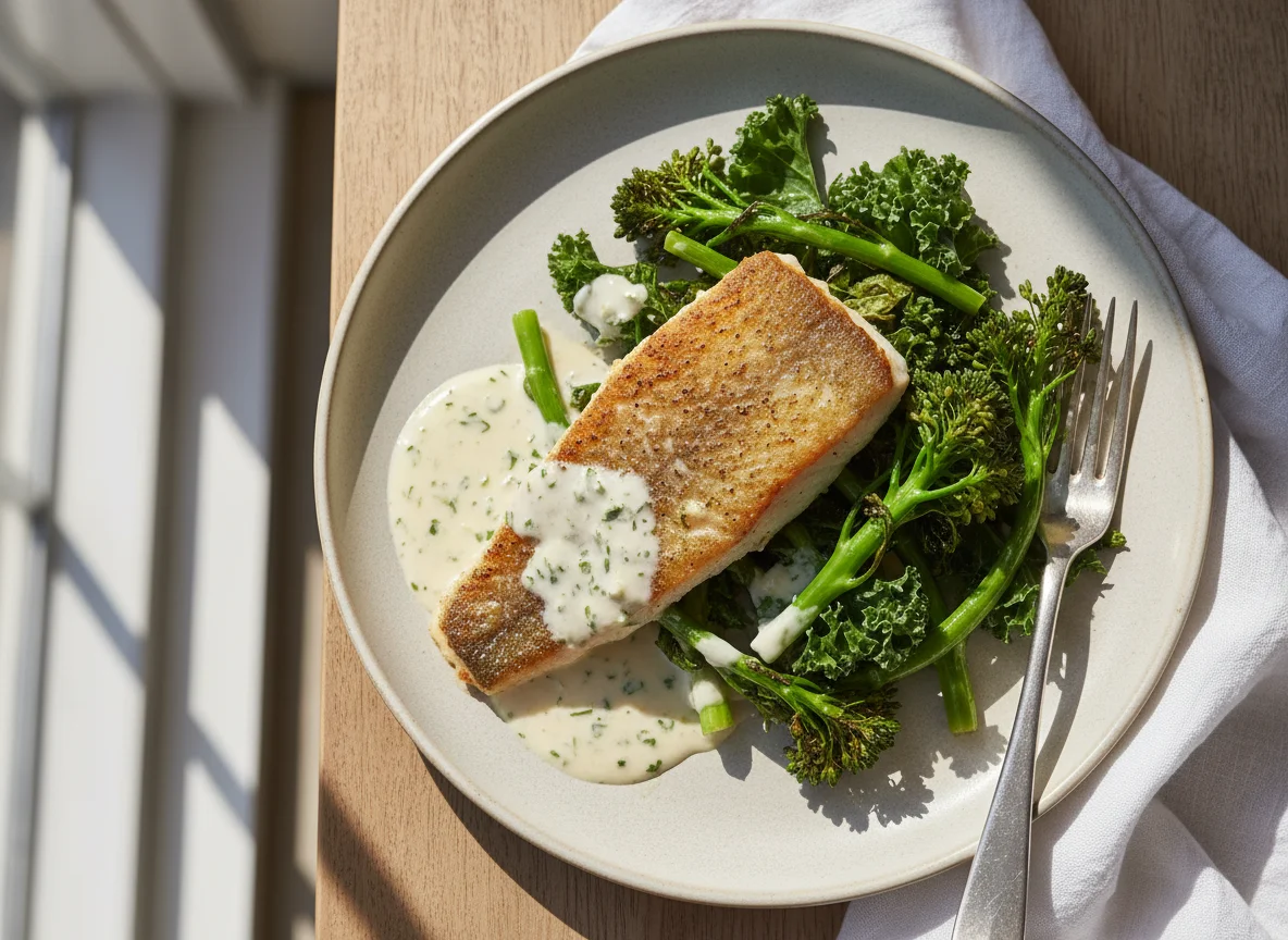Pan-fried Fish with Broccolini, Kale, and Cream Sauce photo