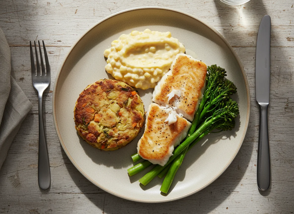 Pan-fried fish with bubble and squeak, creamed corn, and broccolini photo