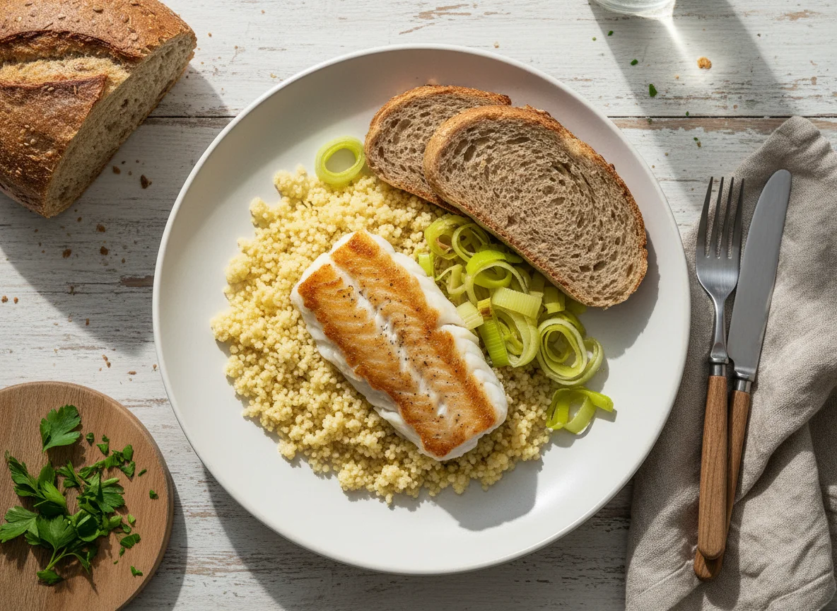 Pan-fried Fish with Couscous and Bread photo