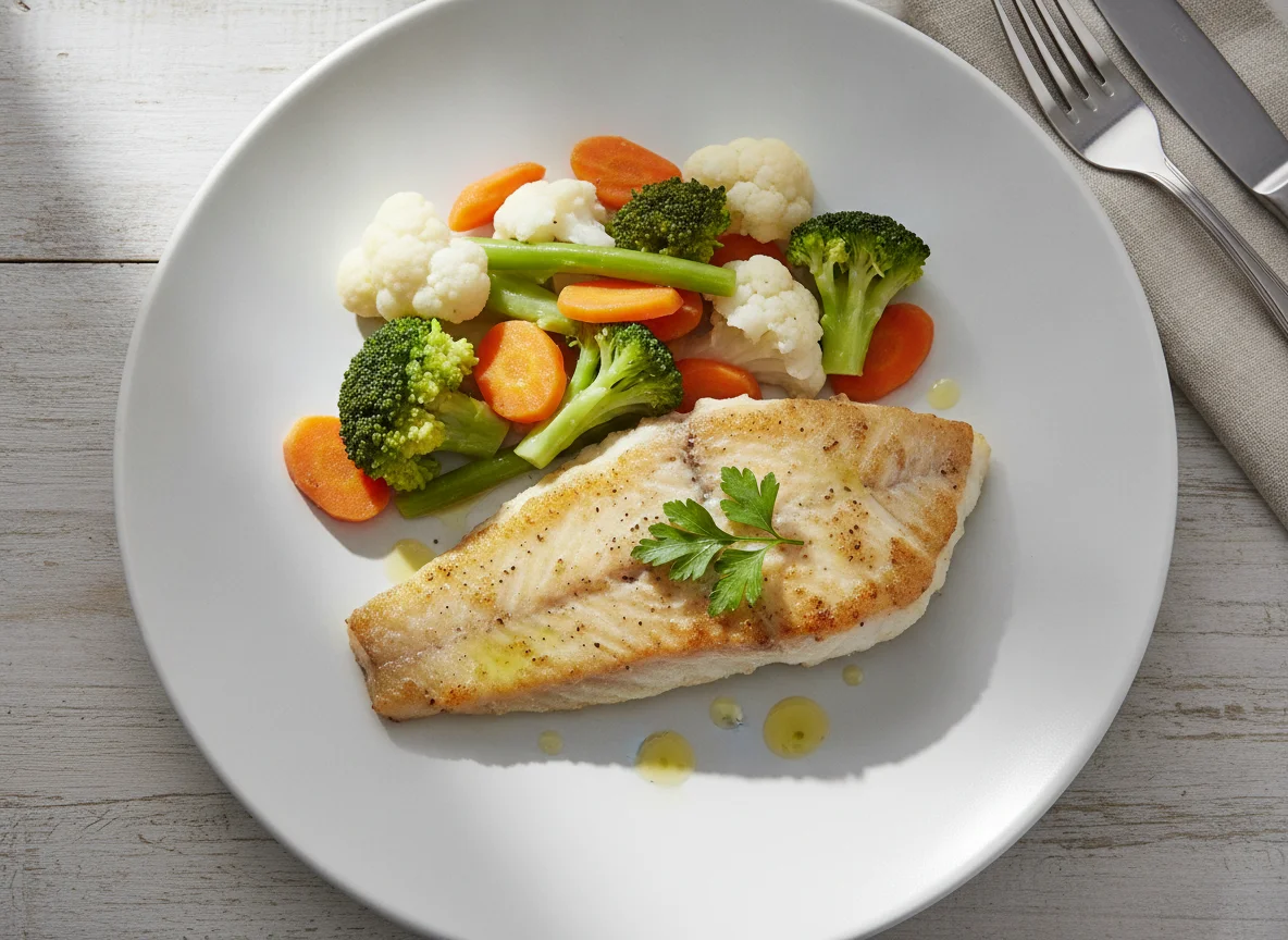Pan-fried Fish with Steamed Vegetables photo