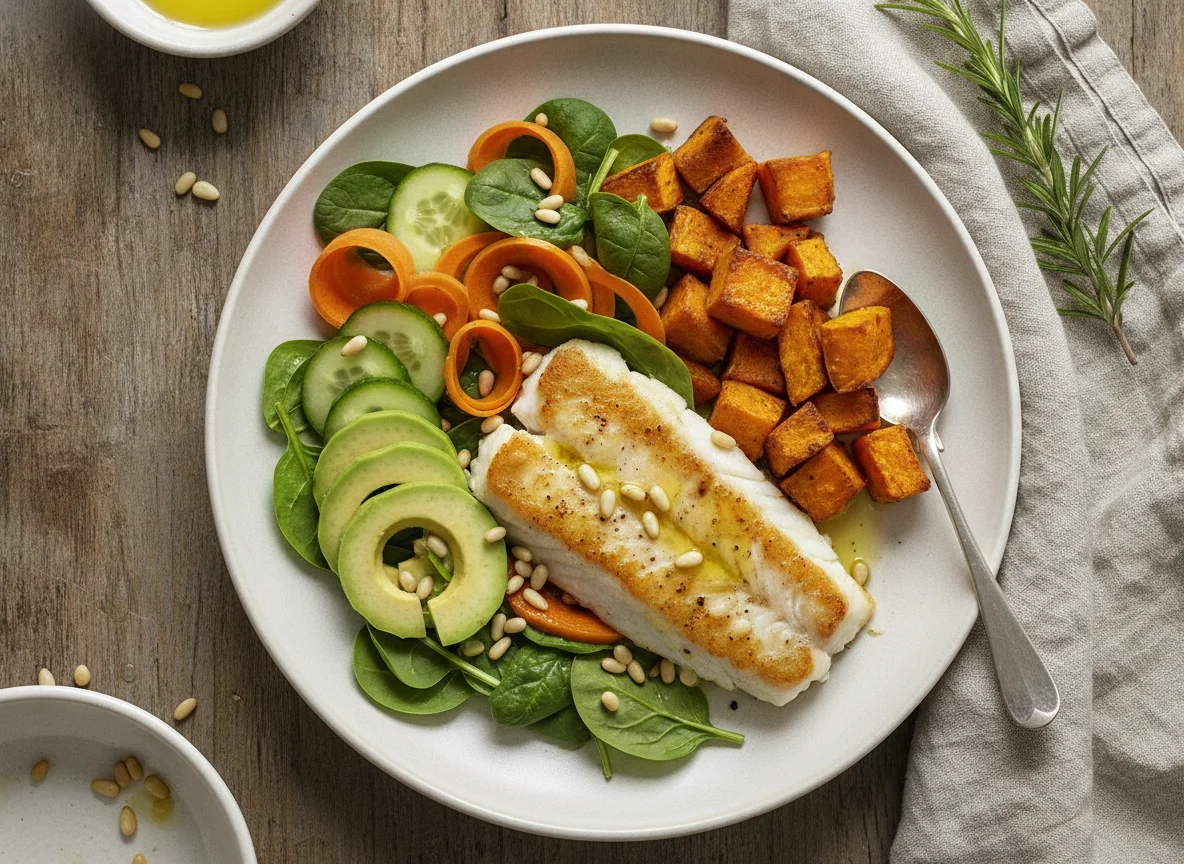 Pan-fried fish with vegetables and sweet potato photo