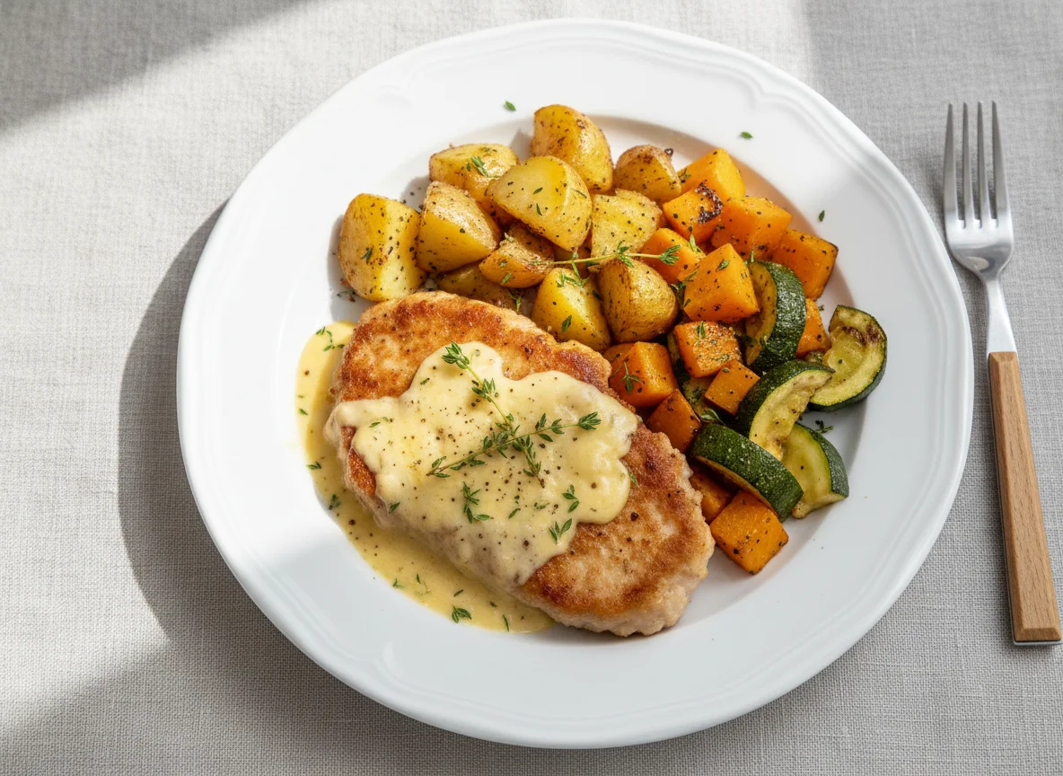 Pan-fried meat with creamy sauce and roasted vegetables photo