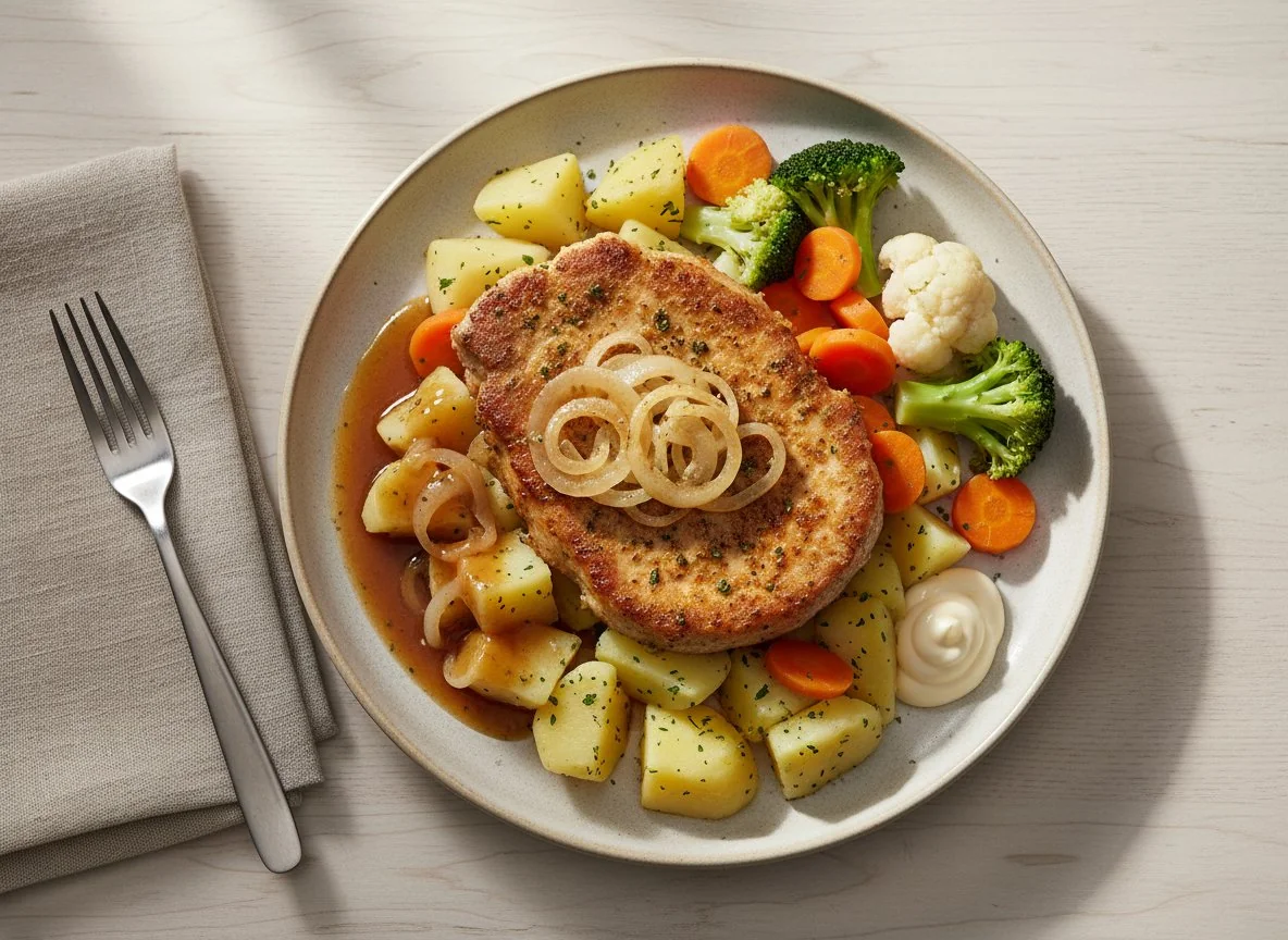 Pan-fried meat with potatoes, vegetables and sauce photo