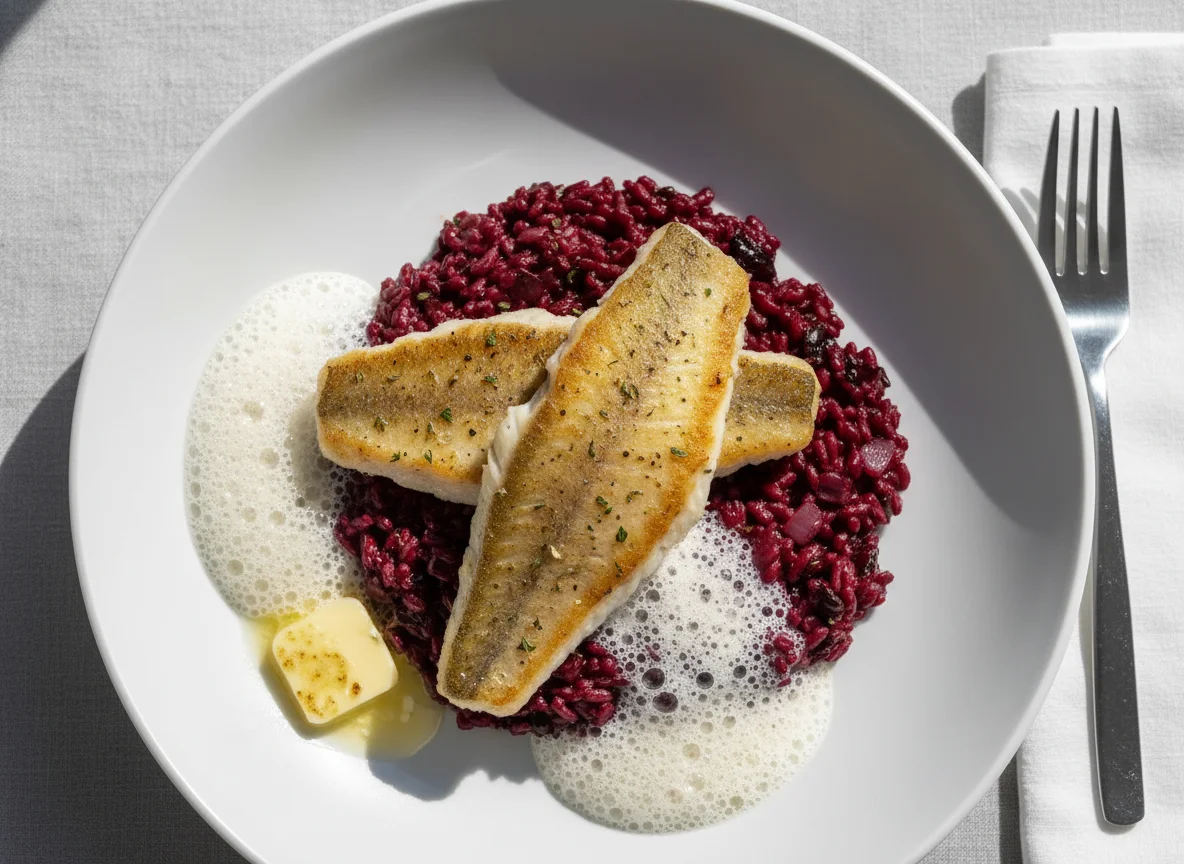 Pan-fried perch with red wine risotto and foam sauce photo