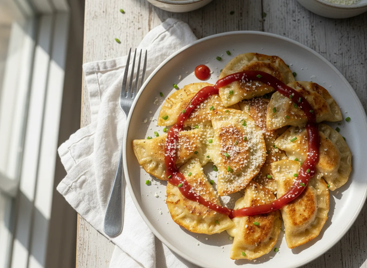 Pan-fried Pierogies with Sauce and Cheese photo