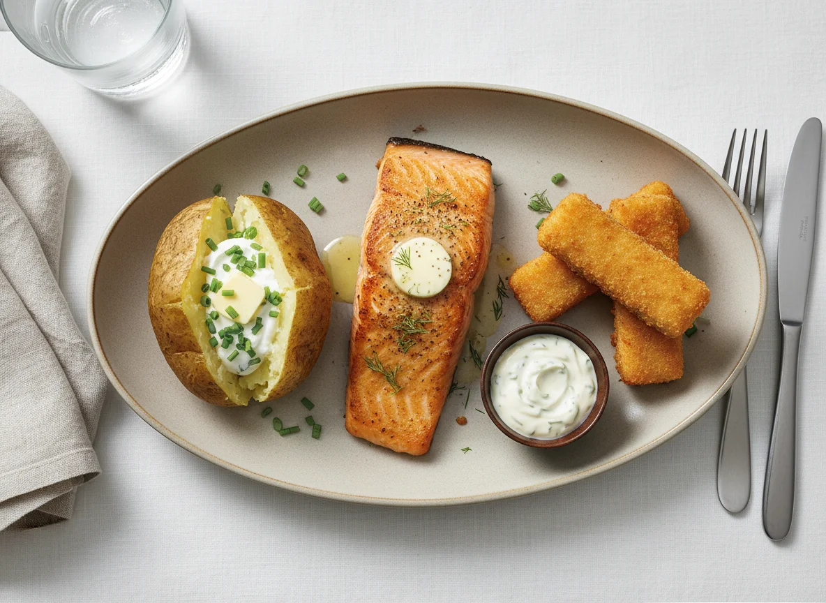Pan-fried Salmon with Baked Potato and Breaded Fish Fingers photo