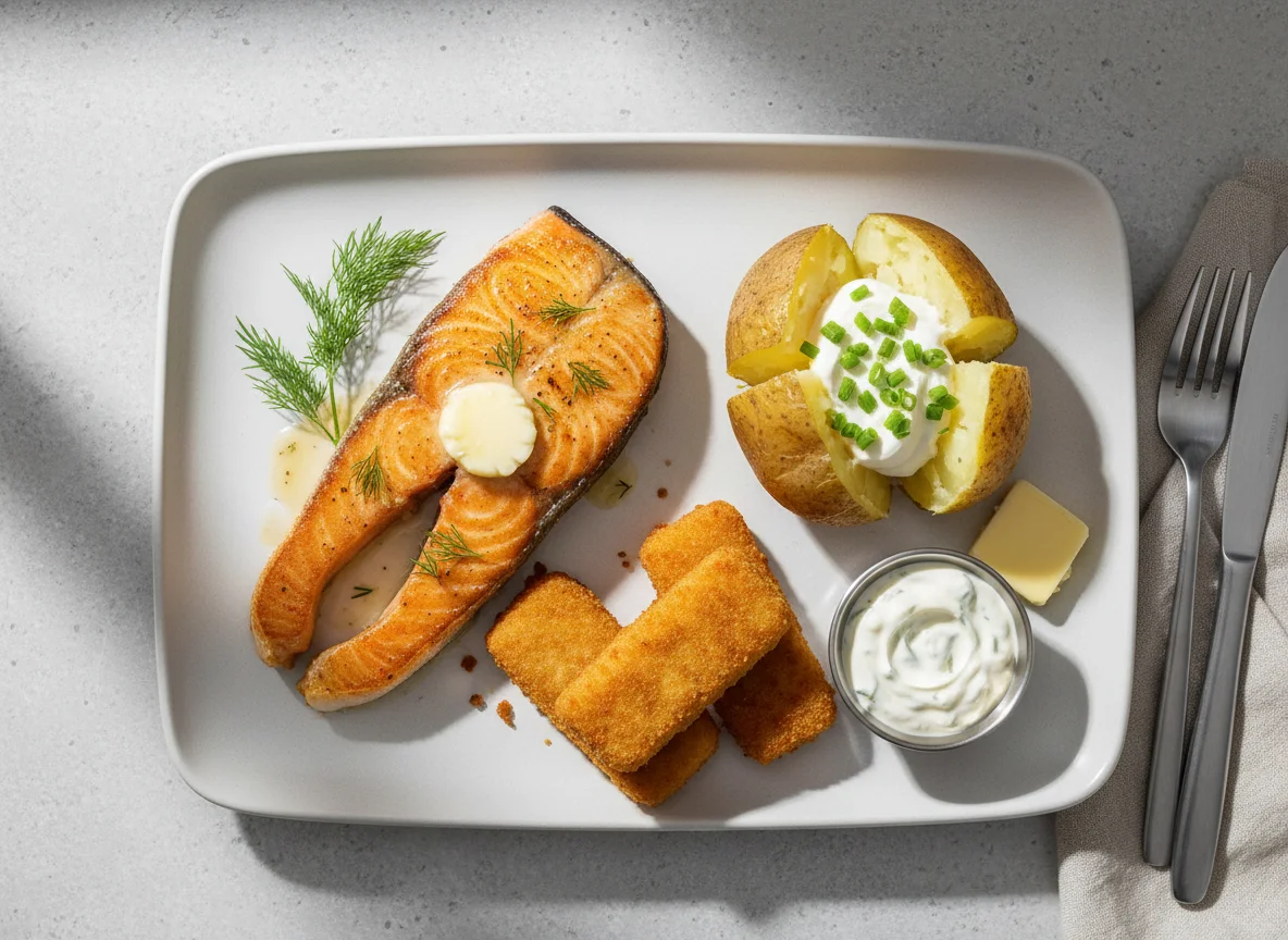 Pan-fried salmon with baked potato and fish fingers photo